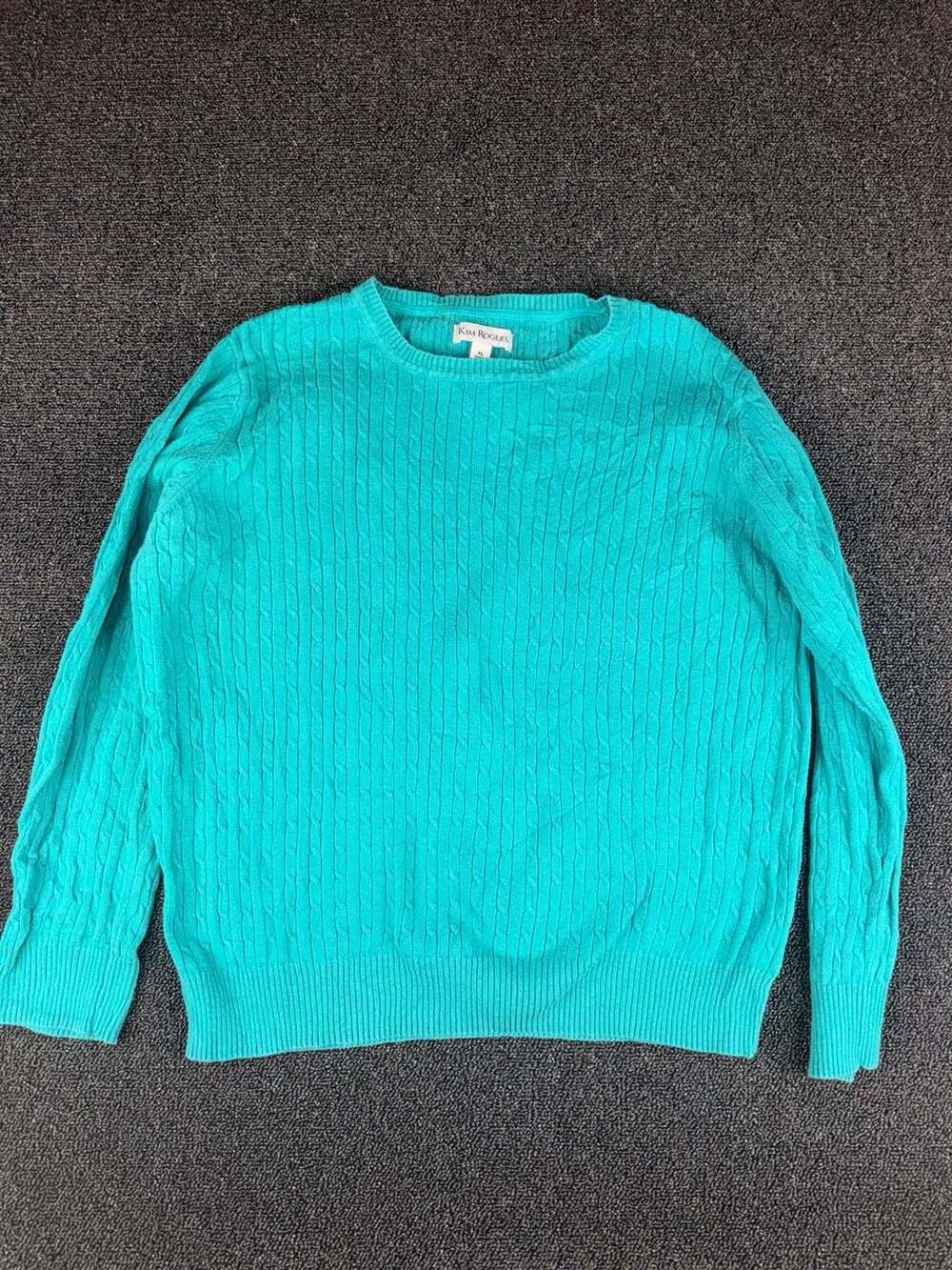 Kim Rogers Aqua Teal Cable Knit Crewneck Sweater Size XL